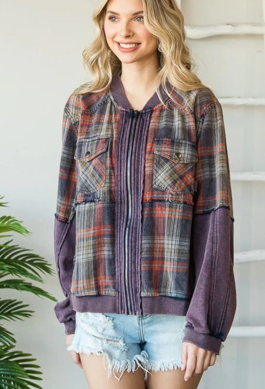 Oli & Hali Plaid Blue Bomber Jacket Small Full Zip Mixed Media Shacket